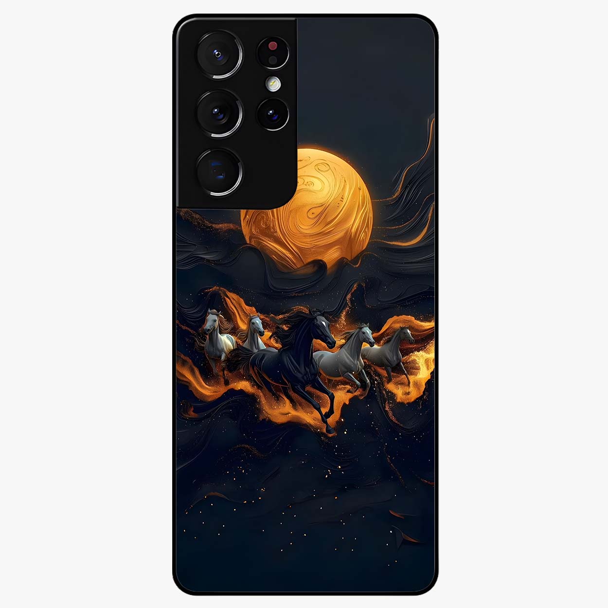 Golden Stallion Moonride Glass Case showing flat back view with majestic horse under moonlight artwork and glossy glass finish.