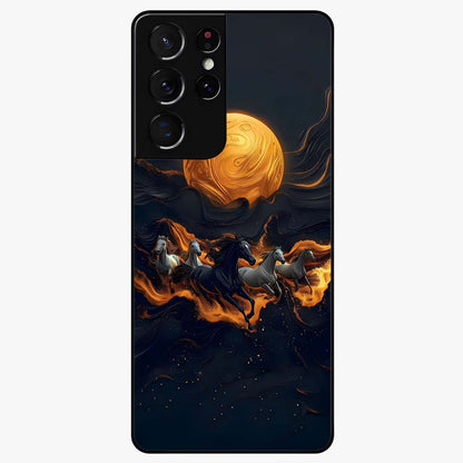 Golden Stallion Moonride Glass Case showing flat back view with majestic horse under moonlight artwork and glossy glass finish.
