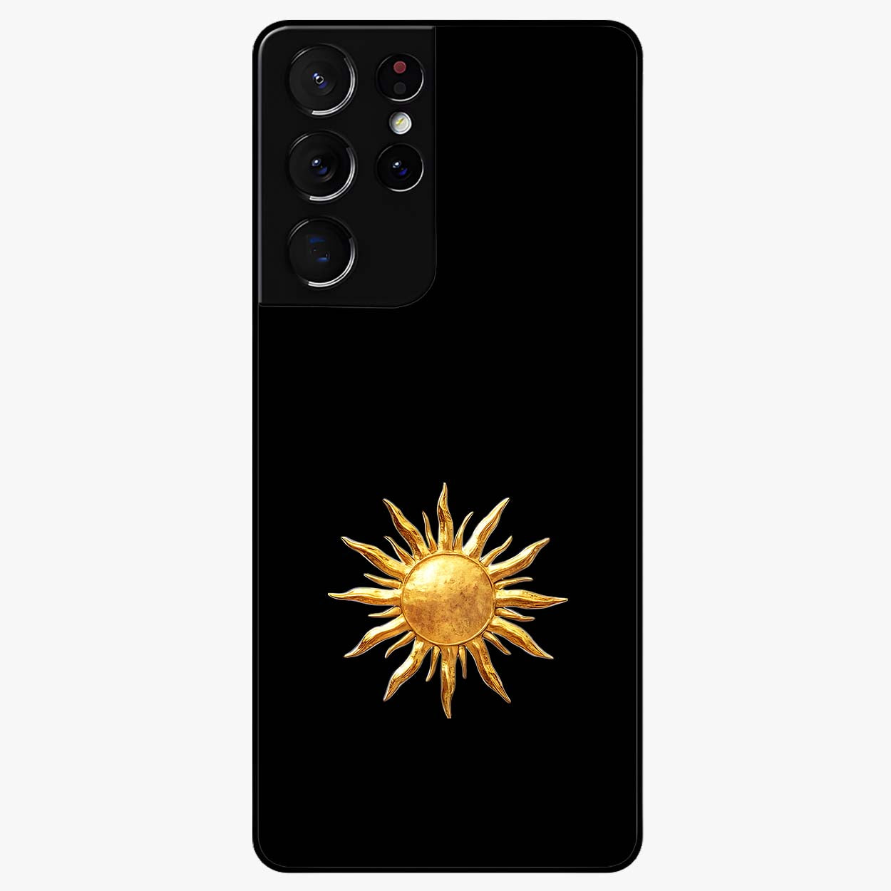 Golden Sun Minimalism Glass Case showing flat back view with minimal golden sun artwork and glossy glass finish.
