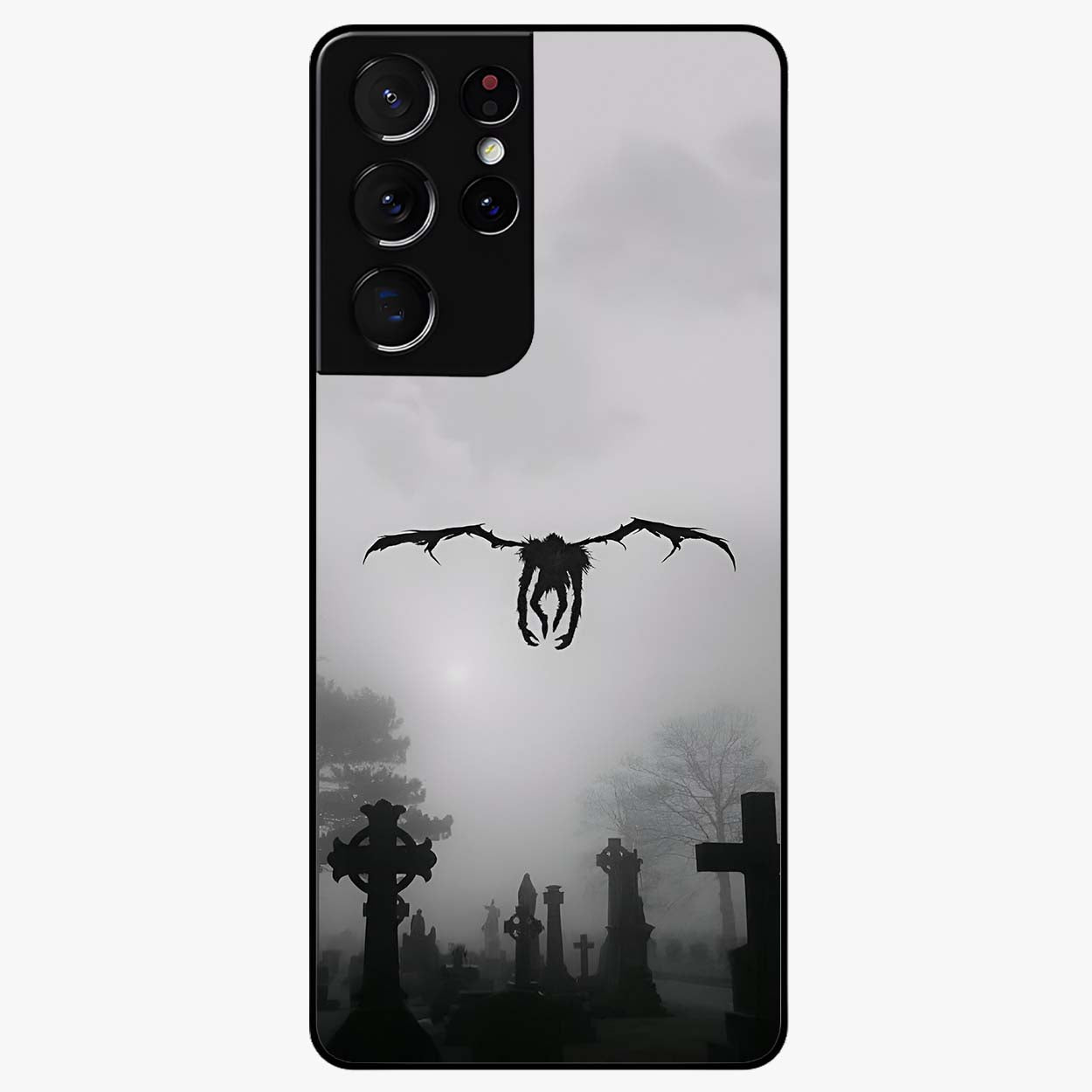 Graveyard Shadow Descent Glass Case showing flat back view with dark graveyard themed artwork and glossy glass finish.