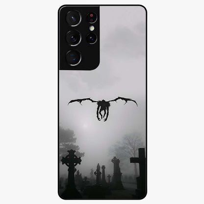Graveyard Shadow Descent Glass Case showing flat back view with dark graveyard themed artwork and glossy glass finish.