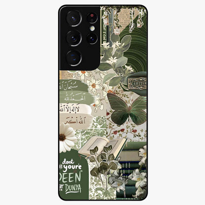 Green Islamic Books Quotes Glass Case showing flat back view with Islamic quotes and book themed artwork and glossy glass finish.