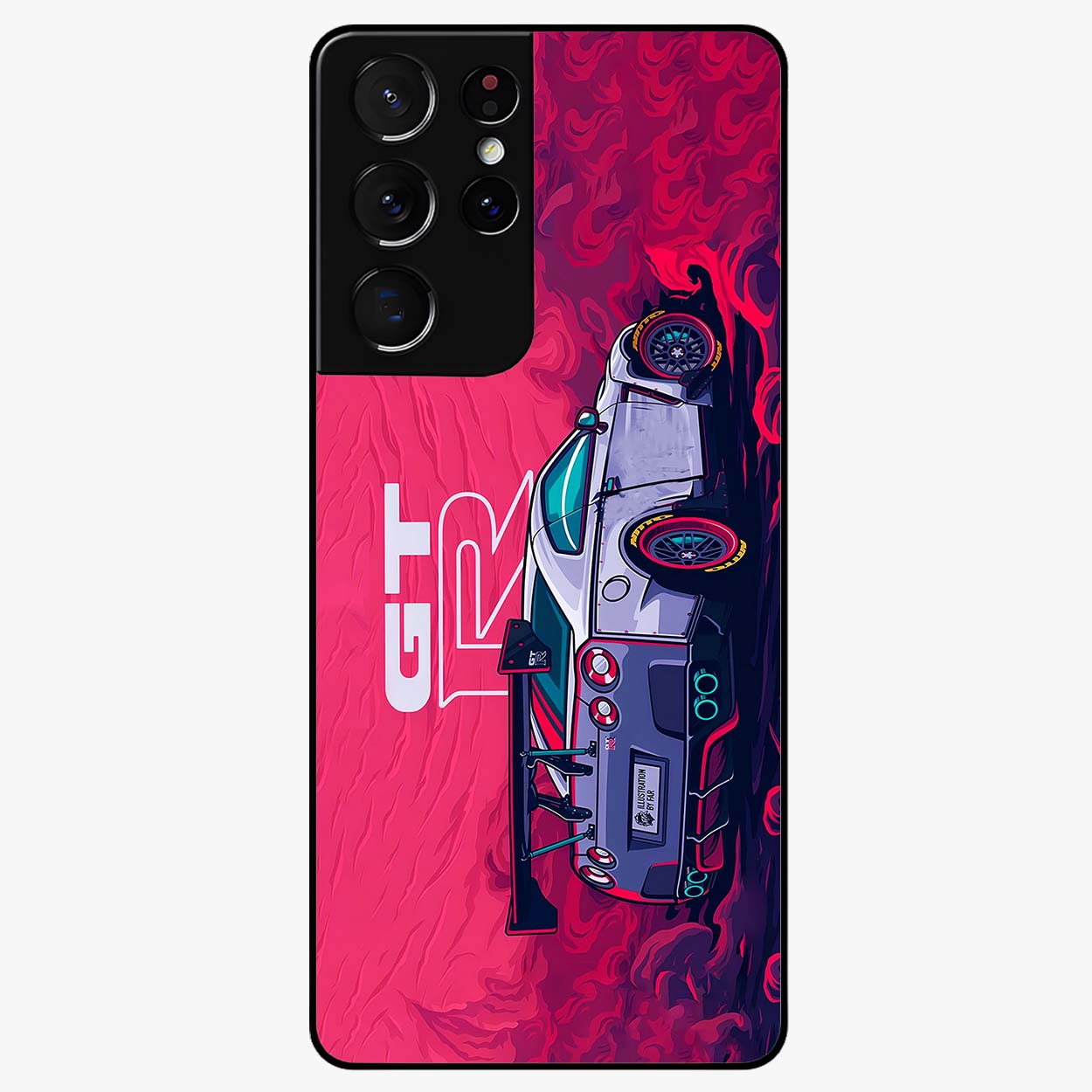GT-R Car Pattern Glass Case showing flat back view with sporty car inspired pattern artwork and glossy glass finish.