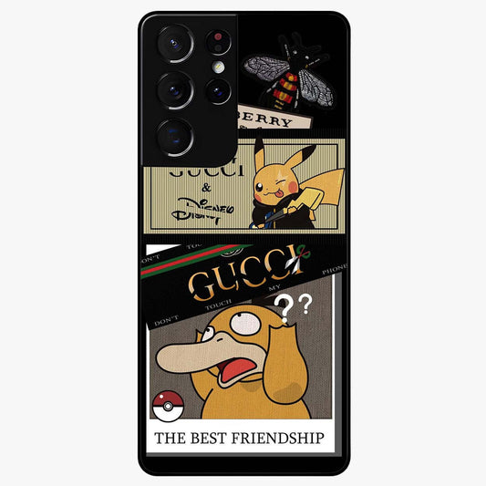 Gucci Play Mashup Glass Case showing flat back view with luxury inspired graphic artwork and glossy glass finish.