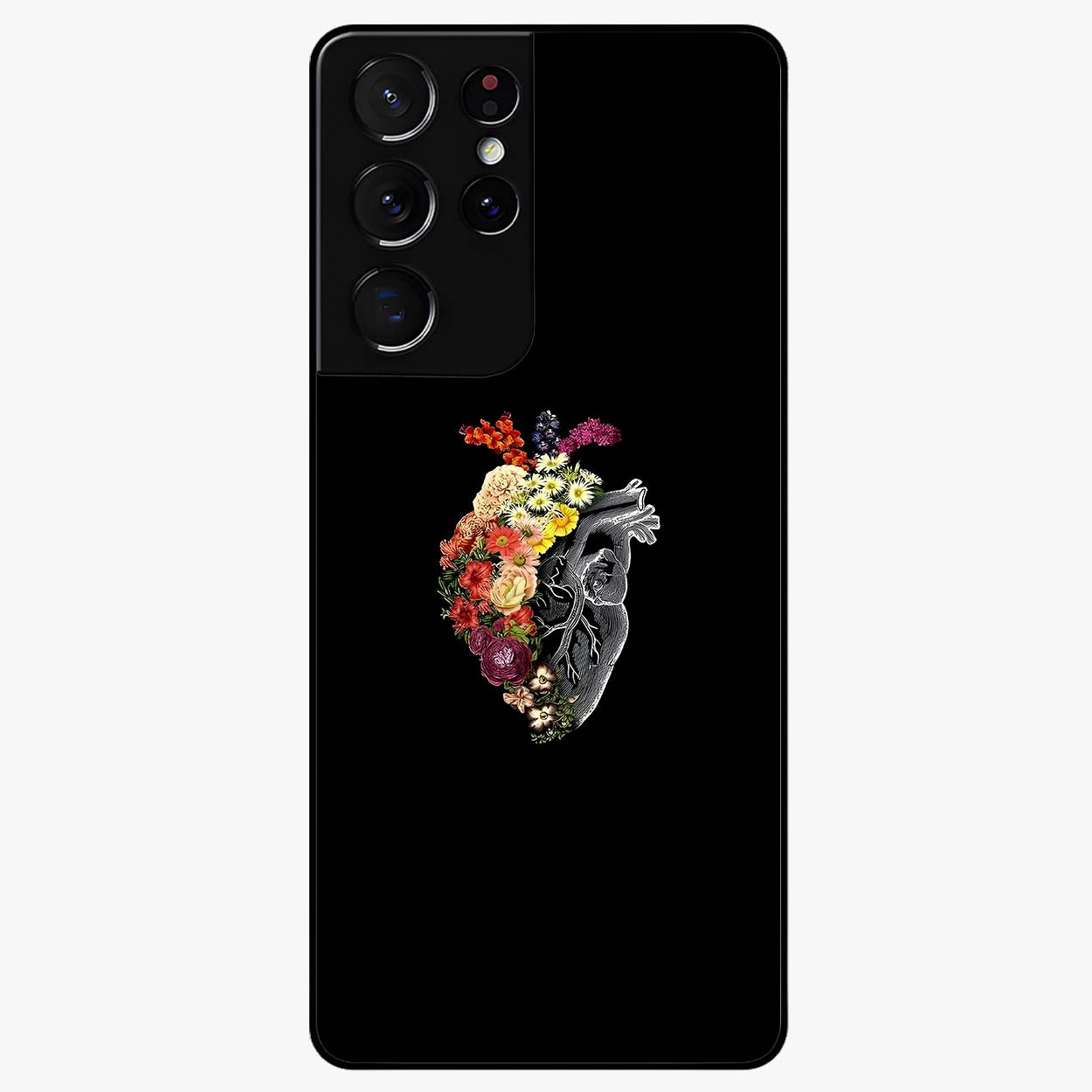 Heart With Flowers Glass Case showing flat back view with heart shaped floral artwork and glossy glass finish.