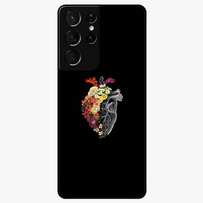 Heart With Flowers Glass Case showing flat back view with heart shaped floral artwork and glossy glass finish.