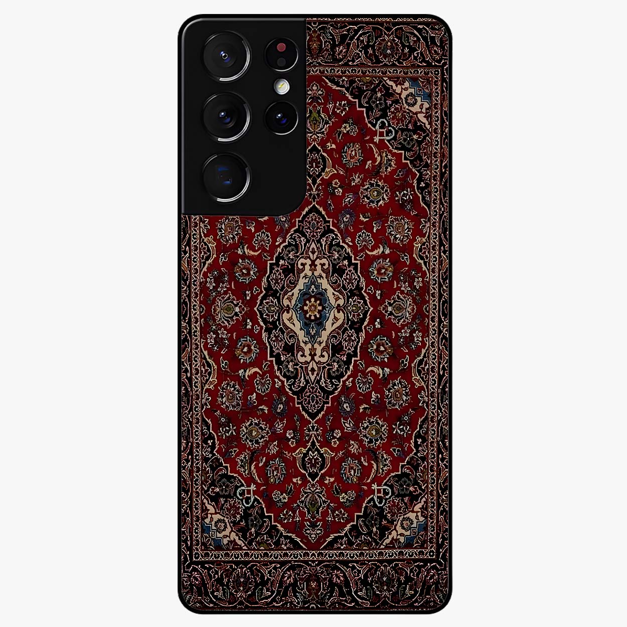 Heritage Carpet Royale Glass Case showing flat back view with ornate Persian carpet inspired pattern and glossy glass finish.