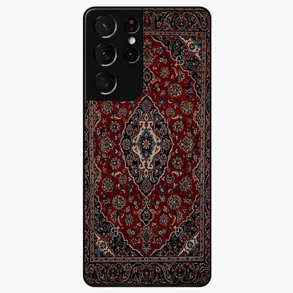 Heritage Carpet Royale Glass Case showing flat back view with ornate Persian carpet inspired pattern and glossy glass finish.