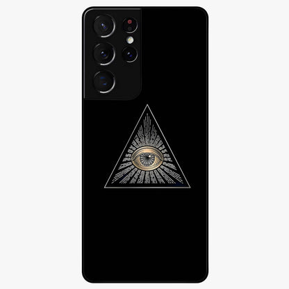 Illuminati Evil Glass Case showing flat back view with mysterious illuminati symbol artwork and glossy glass finish.