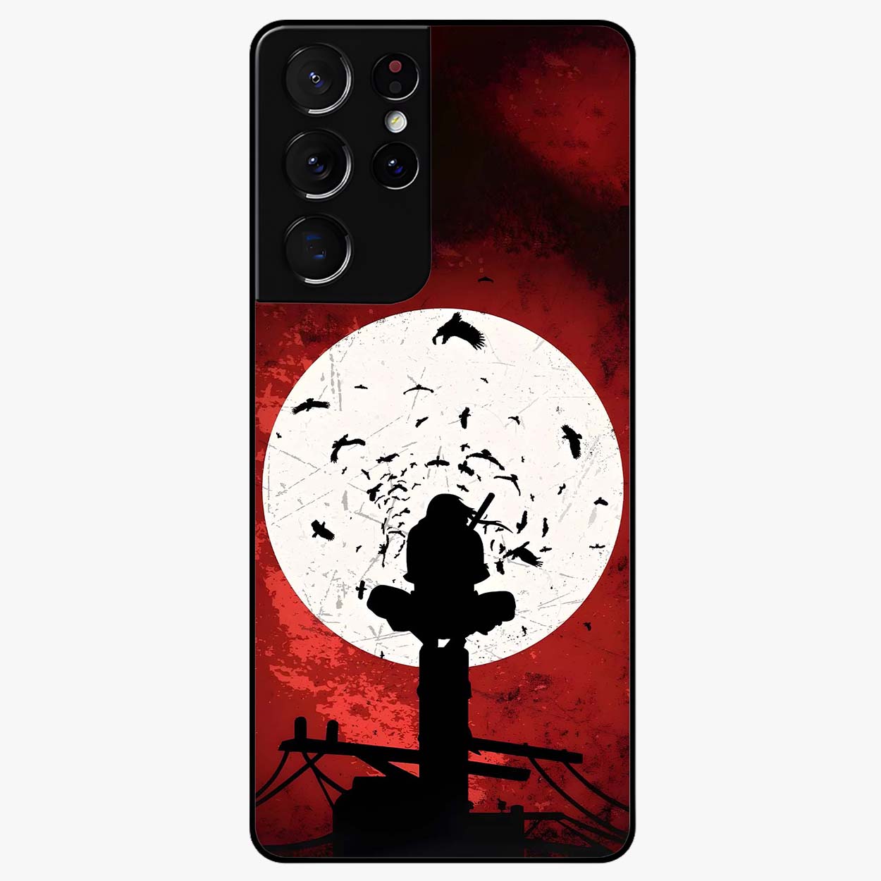 Itachi Sharingan Glass Case showing flat back view with powerful anime eye artwork and glossy glass finish.