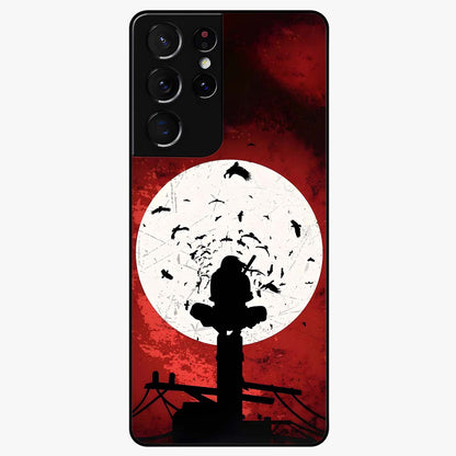 Itachi Sharingan Glass Case showing flat back view with powerful anime eye artwork and glossy glass finish.