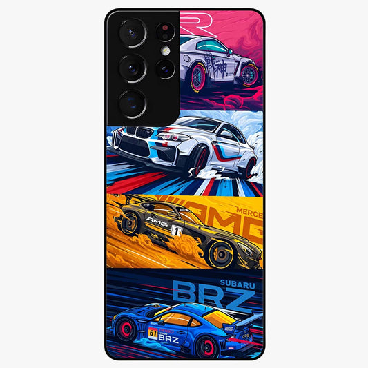 JDM Sports Car Glass Case showing flat back view with high performance sports car artwork and glossy glass finish.