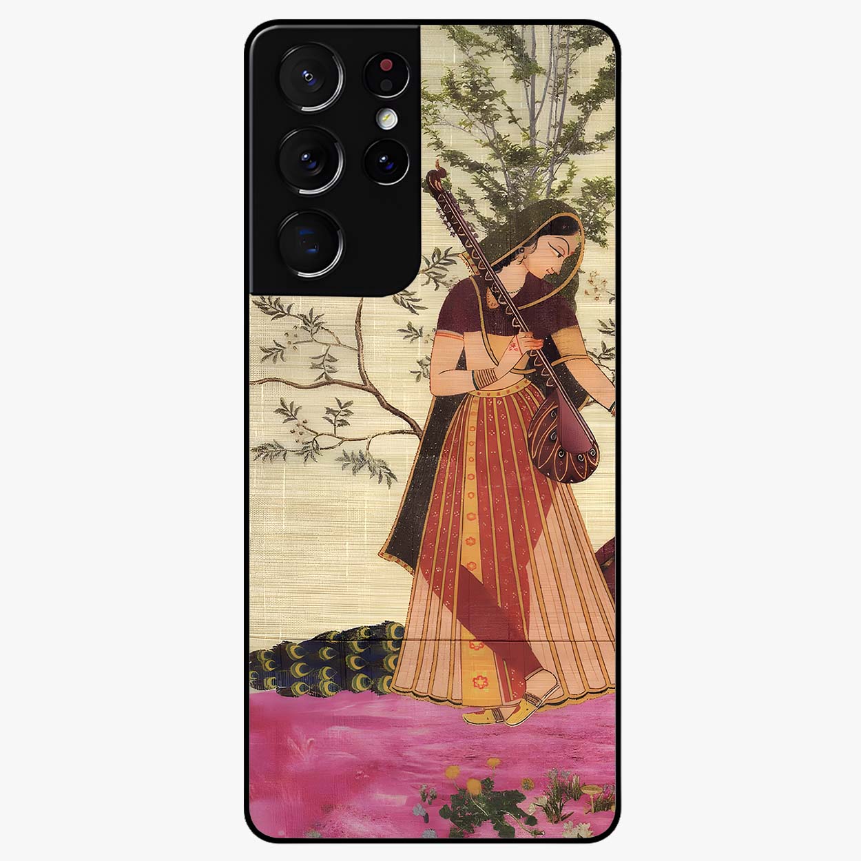 Lady With Veena Art Glass Case showing flat back view with elegant woman playing veena artwork and glossy glass finish.