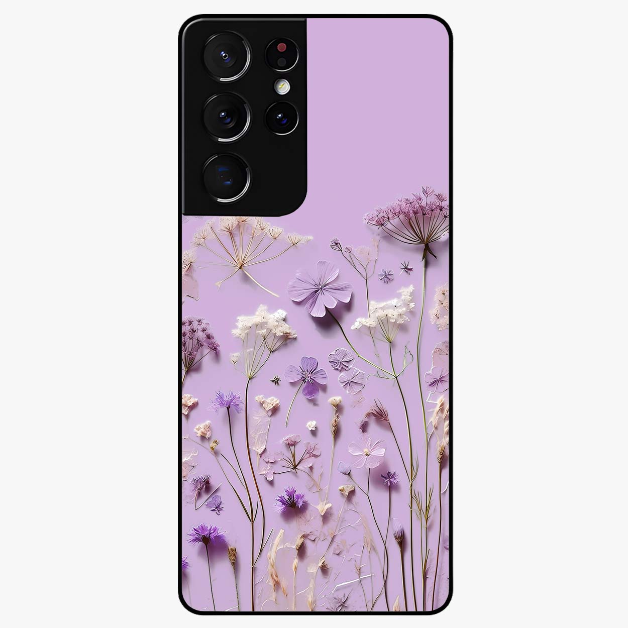 Lavender Blossom Dream Glass Case showing flat back view with soft lavender floral artwork and glossy glass finish.