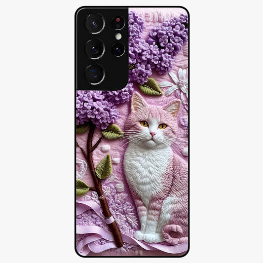 Lavender Cat Whimsy Glass Case showing flat back view with cute lavender cat artwork and glossy glass finish.