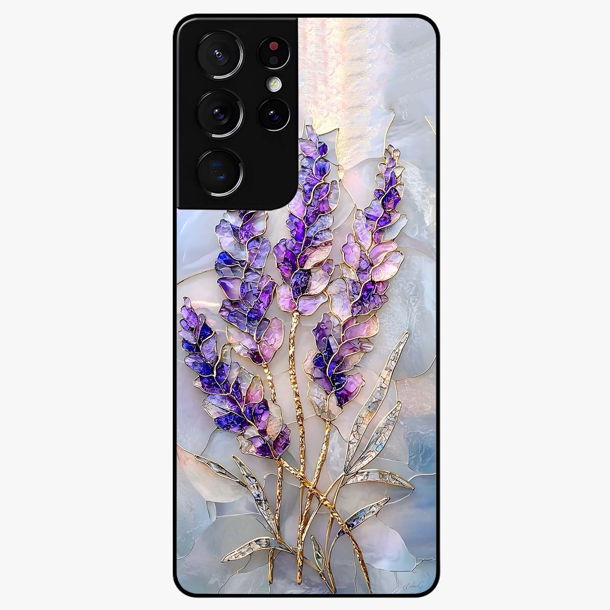 Lavender Dream Glow Glass Case showing flat back view with glowing lavender aesthetic artwork and glossy glass finish.