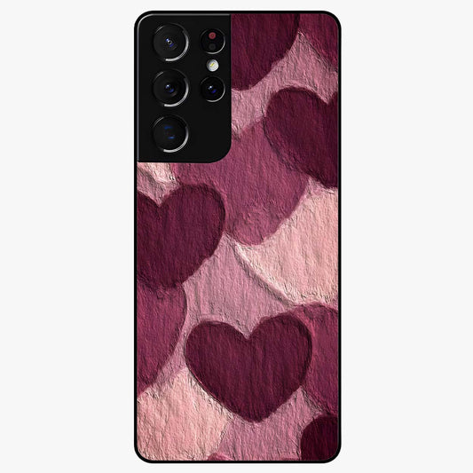 Layered Paper Hearts Glass Case showing flat back view with layered paper heart artwork and glossy glass finish.