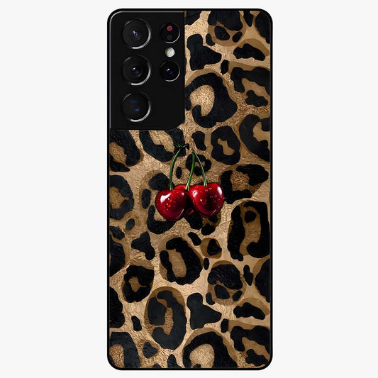 Leopard Wild Cherry Glass Case showing flat back view with leopard pattern and cherry artwork and glossy glass finish.