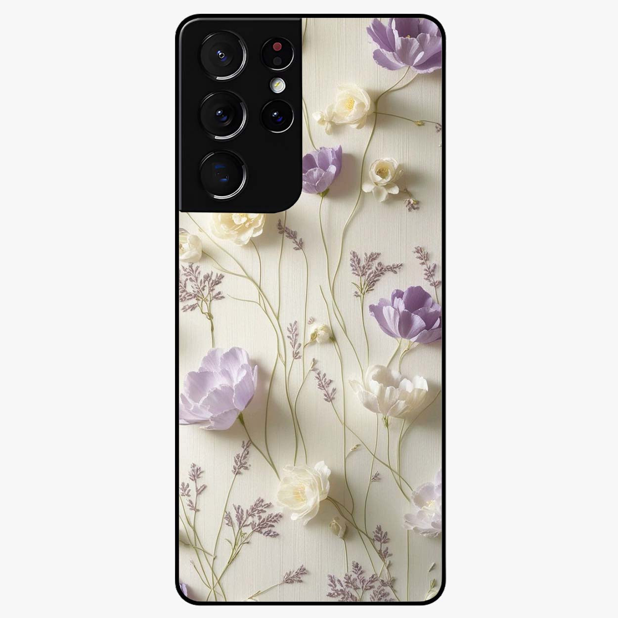 Lilac Breeze Harmony Glass Case showing flat back view with soft lilac themed artwork and glossy glass finish.