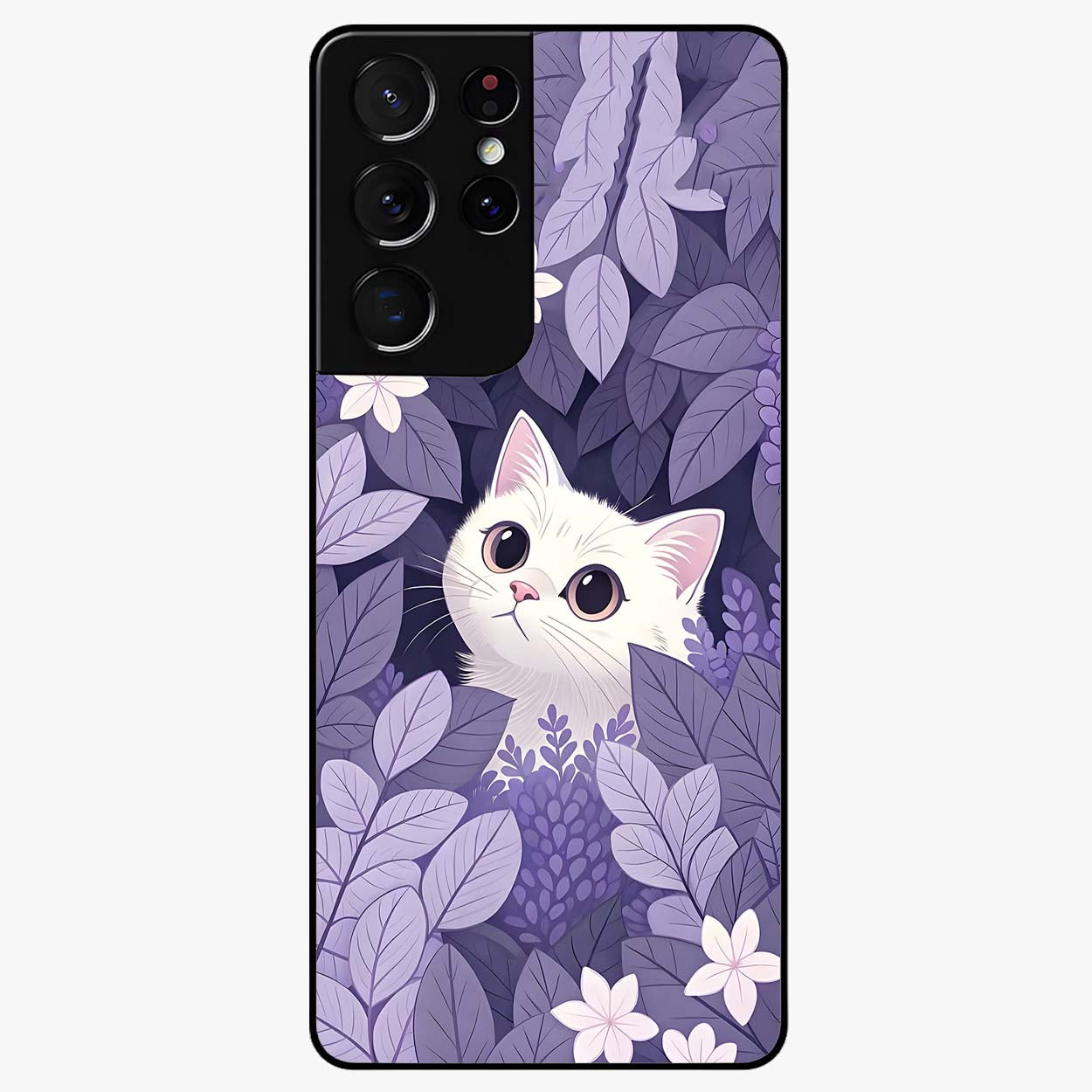 Lilac Hide Peek Cat Glass Case showing flat back view with cute peeking cat artwork and glossy glass finish.