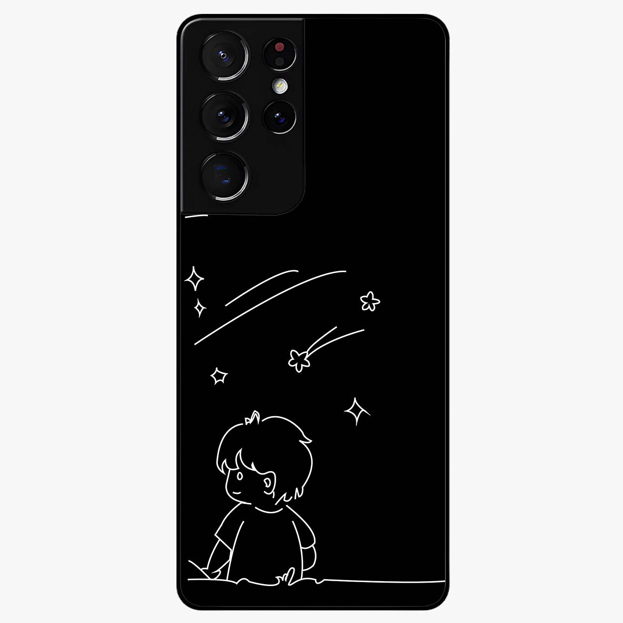 Line Art Boy With Shooting Stars Glass Case showing flat back view with minimal line art boy and shooting stars illustration and glossy glass finish.
