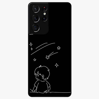Line Art Boy With Shooting Stars Glass Case showing flat back view with minimal line art boy and shooting stars illustration and glossy glass finish.