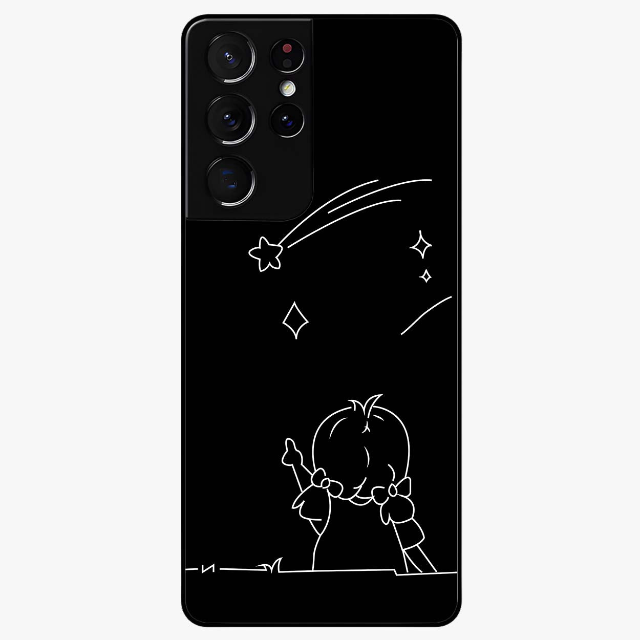 Line Art Girl With Shooting Stars Glass Case showing flat back view with minimal line art girl and shooting stars illustration and glossy glass finish.