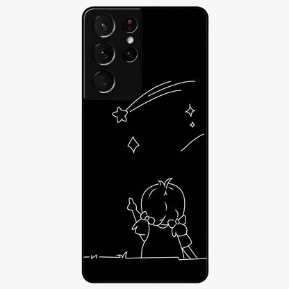 Line Art Girl With Shooting Stars Glass Case showing flat back view with minimal line art girl and shooting stars illustration and glossy glass finish.