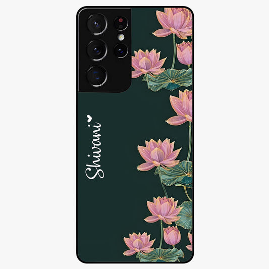 Lotus Bloom Serenity Custom Name Glass Case showing flat back view with elegant lotus flower artwork and personalized name design.