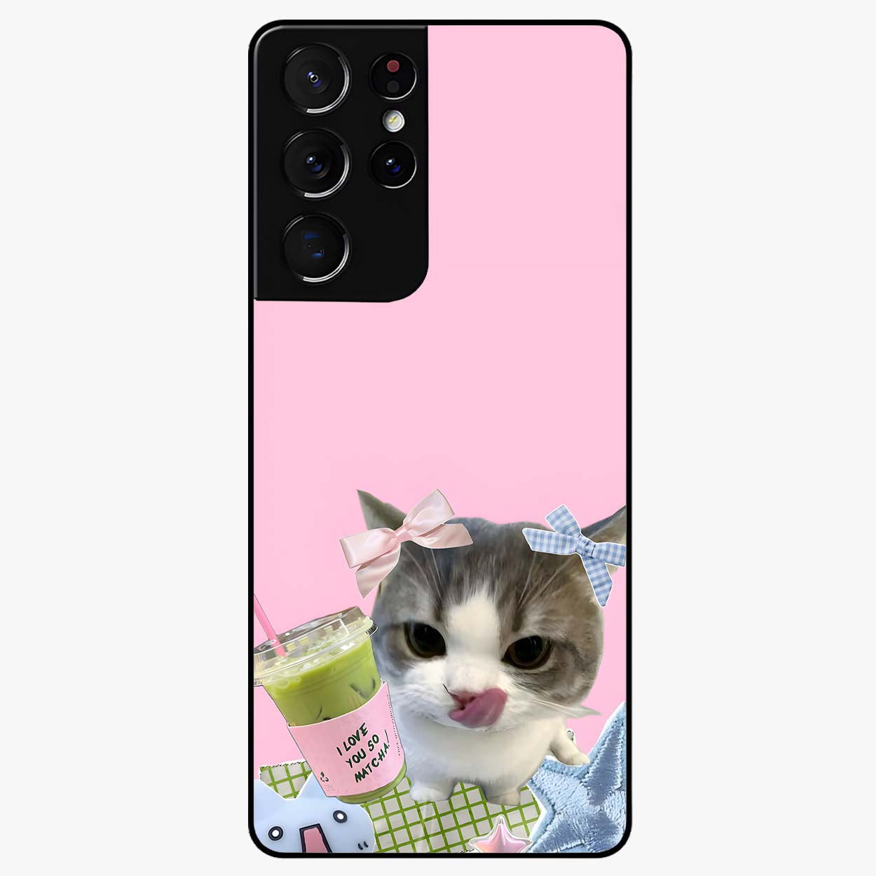 Love Matcha Cat Glass Case showing flat back view with cute cat and matcha themed artwork and glossy glass finish.