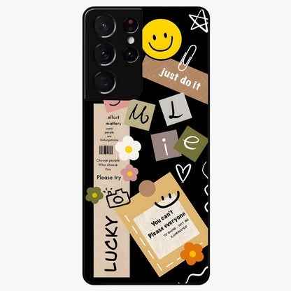 Lucky Aesthetic Collage Glass Case showing flat back view with trendy aesthetic collage artwork and glossy glass finish.
