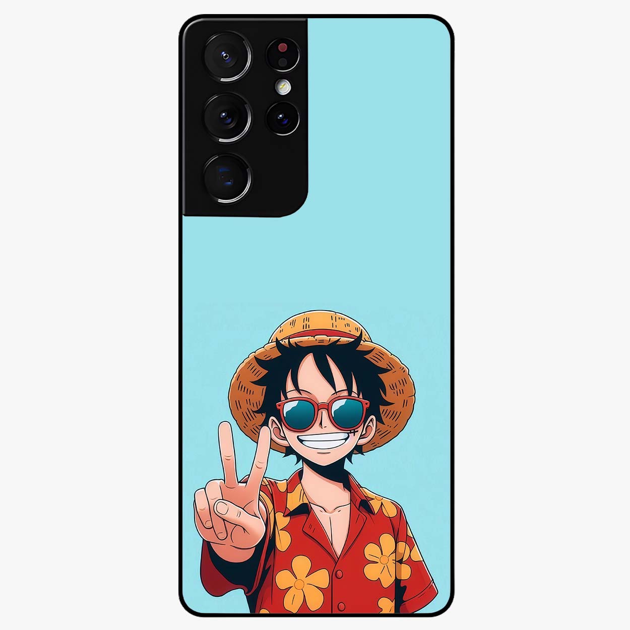 Luffy Summer Anime Vibe Glass Case showing flat back view with vibrant anime character artwork and glossy glass finish.