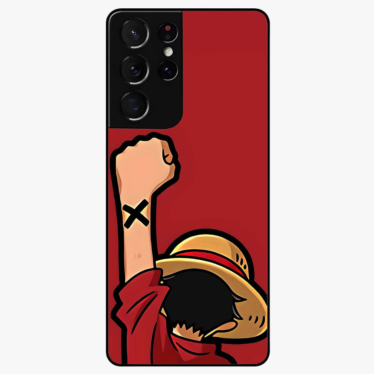 Luffy X Spirit Glass Case showing flat back view with bold anime character artwork and glossy glass finish.