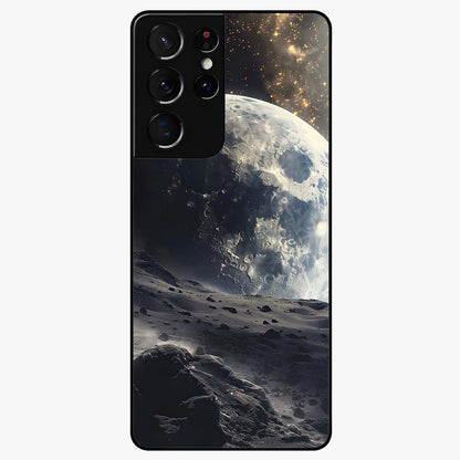 Lunar Horizon Glow Glass Case showing flat back view with glowing moon horizon artwork and glossy glass finish.