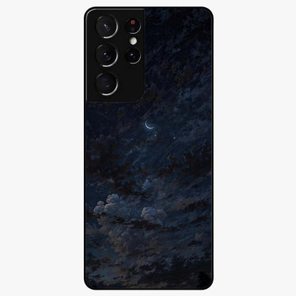 Lunar Veil Silence Glass Case showing flat back view with mystical moon veil artwork and glossy glass finish.