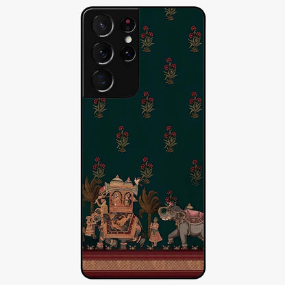 Macmerise Glass Case showing flat back view with stylish modern artwork and glossy glass finish.