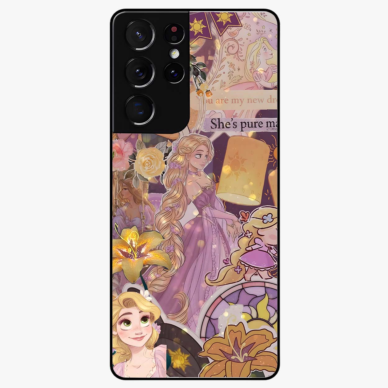 Magical Tangled Dream Glass Case showing flat back view with dreamy tangled artwork and glossy glass finish.
