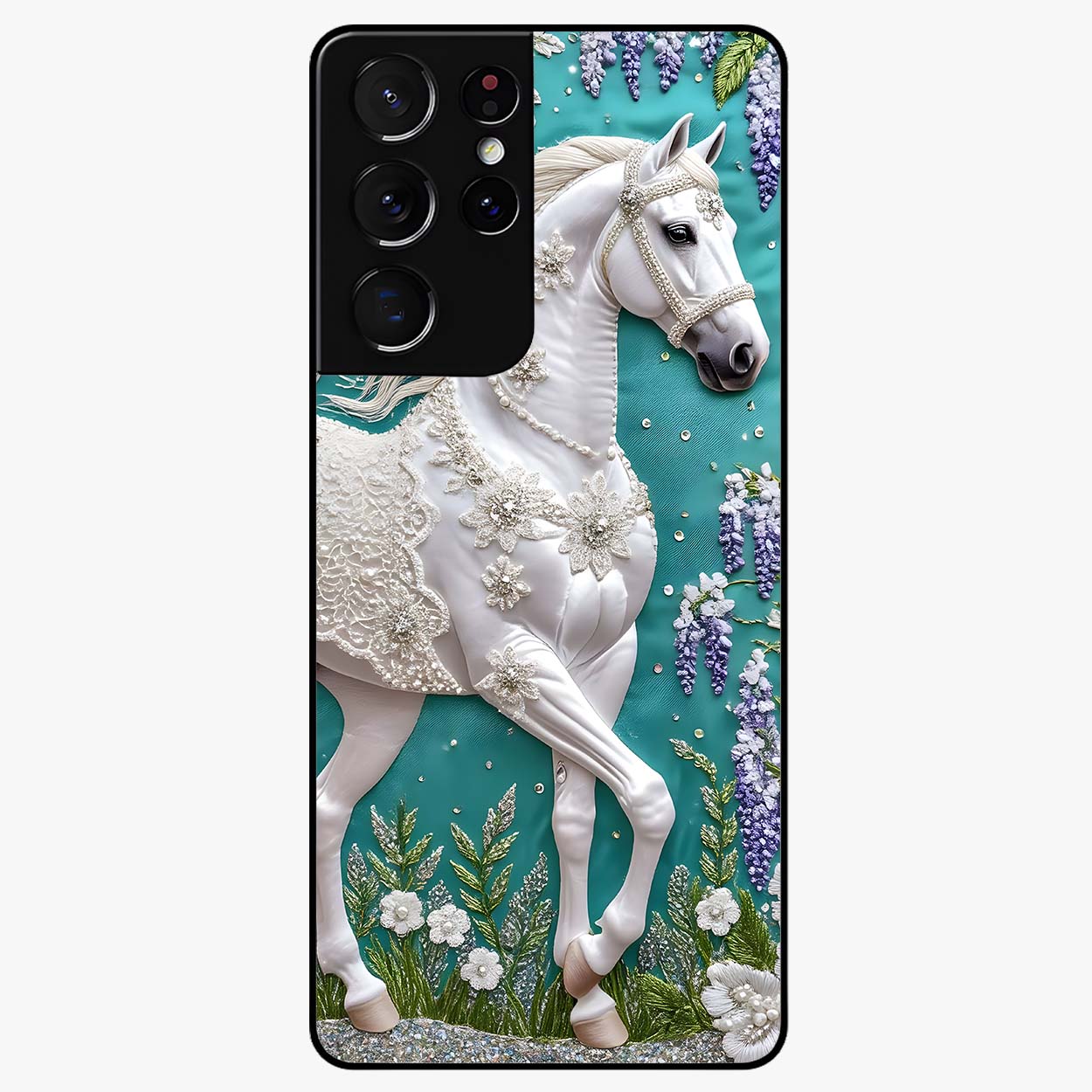 Majestic Floral Stallion Glass Case showing flat back view with powerful horse and floral artwork and glossy glass finish.