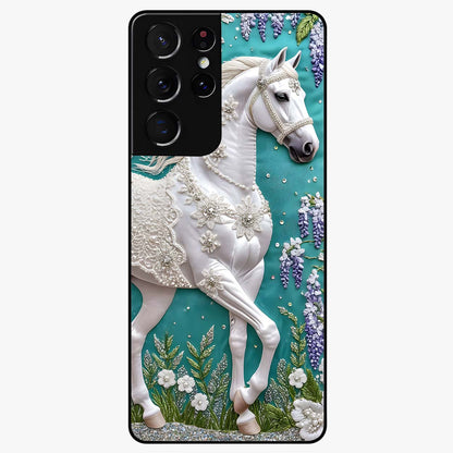 Majestic Floral Stallion Glass Case showing flat back view with powerful horse and floral artwork and glossy glass finish.