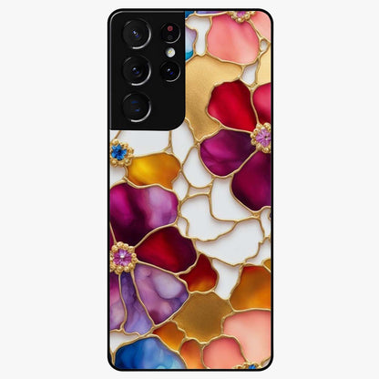 Marble Flower Pattern Glass Case showing flat back view with marble texture floral artwork and glossy glass finish.