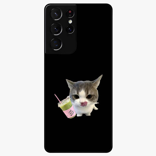 Matcha Cat Style Glass Case showing flat back view with cute matcha themed cat artwork and glossy glass finish.