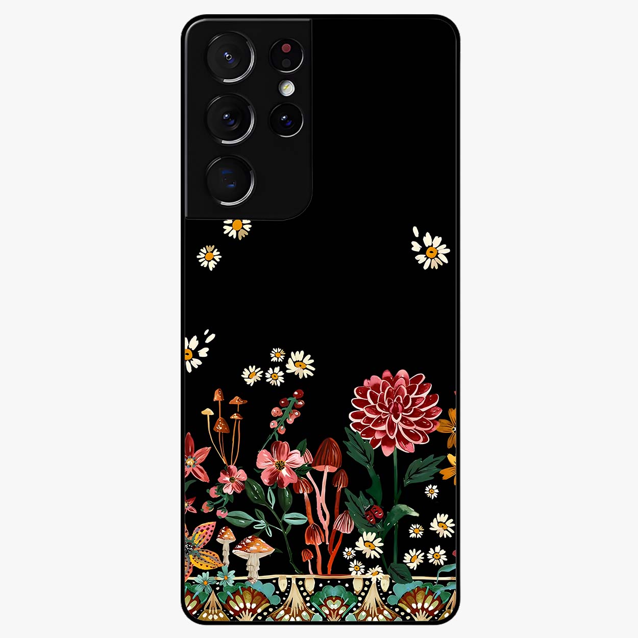 Midnight Bloom Pattern Glass Case showing flat back view with dark floral pattern artwork and glossy glass finish.