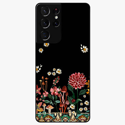 Midnight Bloom Pattern Glass Case showing flat back view with dark floral pattern artwork and glossy glass finish.