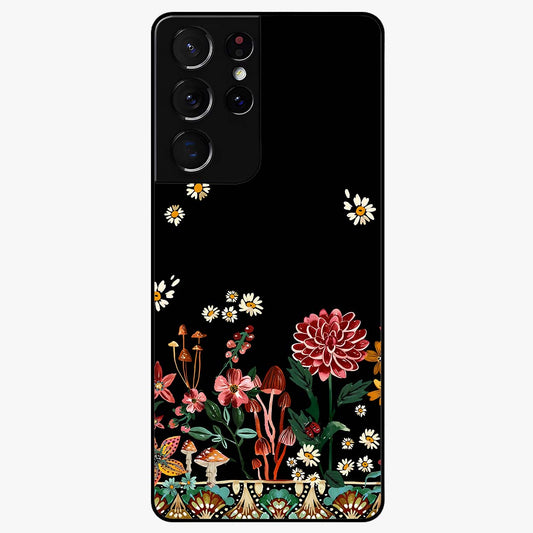 Midnight Bloom Pattern Glass Case showing flat back view with dark floral pattern artwork and glossy glass finish.