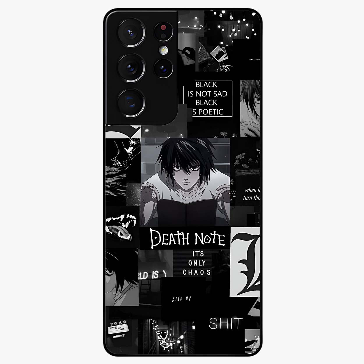Midnight Chaos Mind Glass Case showing flat back view with abstract dark themed artwork and glossy glass finish.