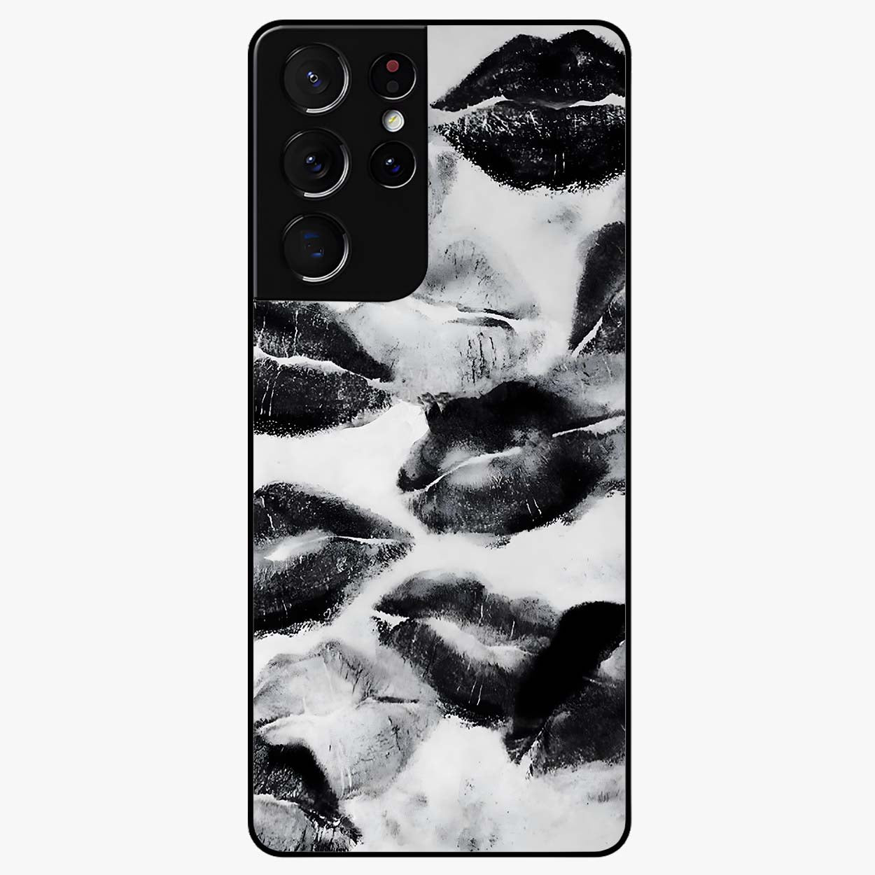 Midnight Kiss Marks Glass Case showing flat back view with lipstick kiss mark artwork and glossy glass finish.