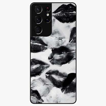 Midnight Kiss Marks Glass Case showing flat back view with lipstick kiss mark artwork and glossy glass finish.