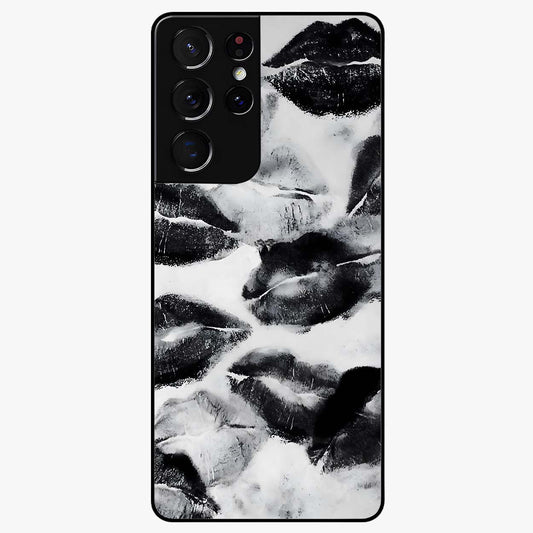 Midnight Kiss Marks Glass Case showing flat back view with lipstick kiss mark artwork and glossy glass finish.