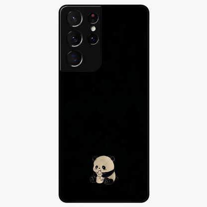 Midnight Panda Love Glass Case showing flat back view with cute panda themed artwork and glossy glass finish.