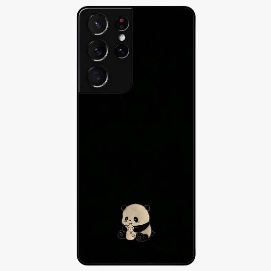 Midnight Panda Love Glass Case showing flat back view with cute panda themed artwork and glossy glass finish.